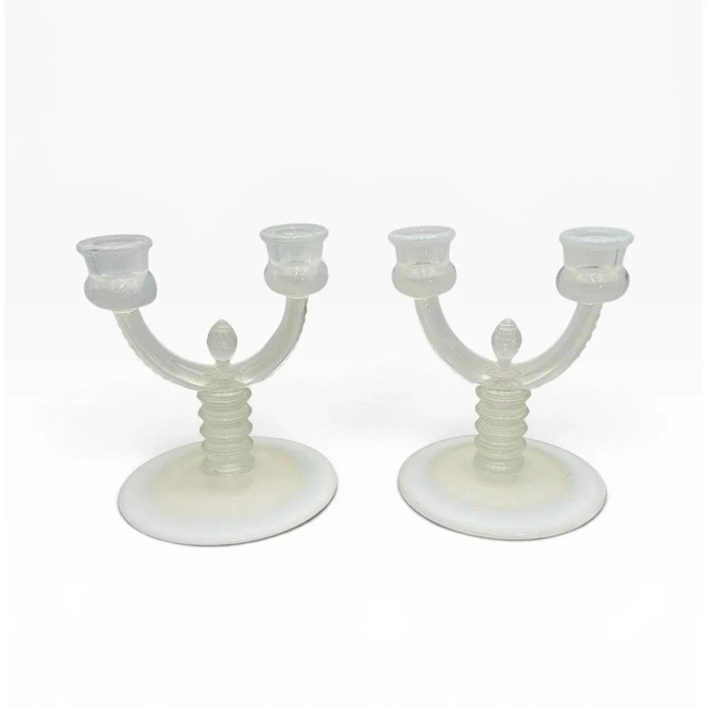 Pair Fenton French Opalescent Pineapple Double Candelabras Ribbed Stunning VTG
